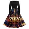 Women's Casual Fashion Round Neck Long Sleeve New Year Printed Retro Dress