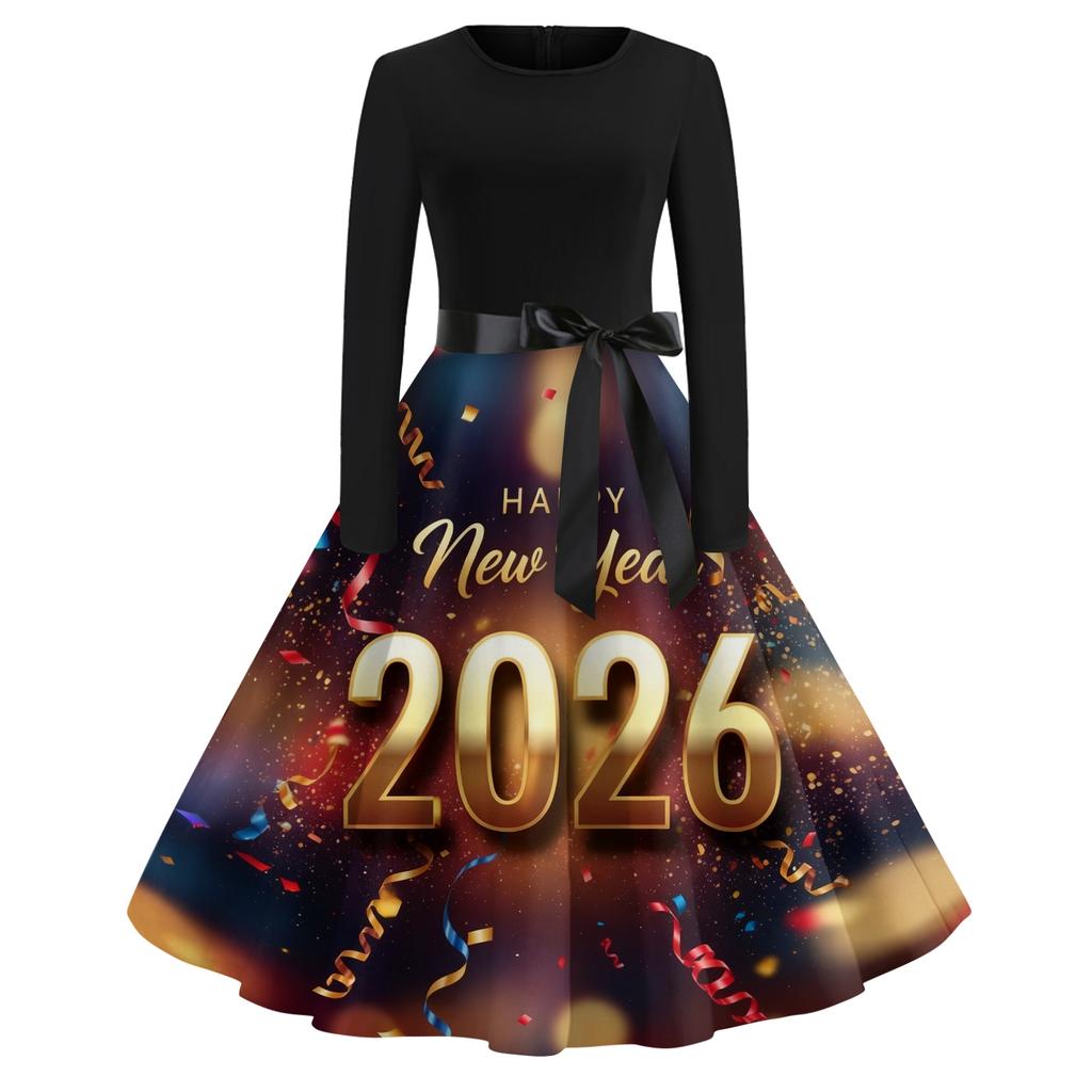 Women's Casual Fashion Round Neck Long Sleeve New Year Printed Retro Dress