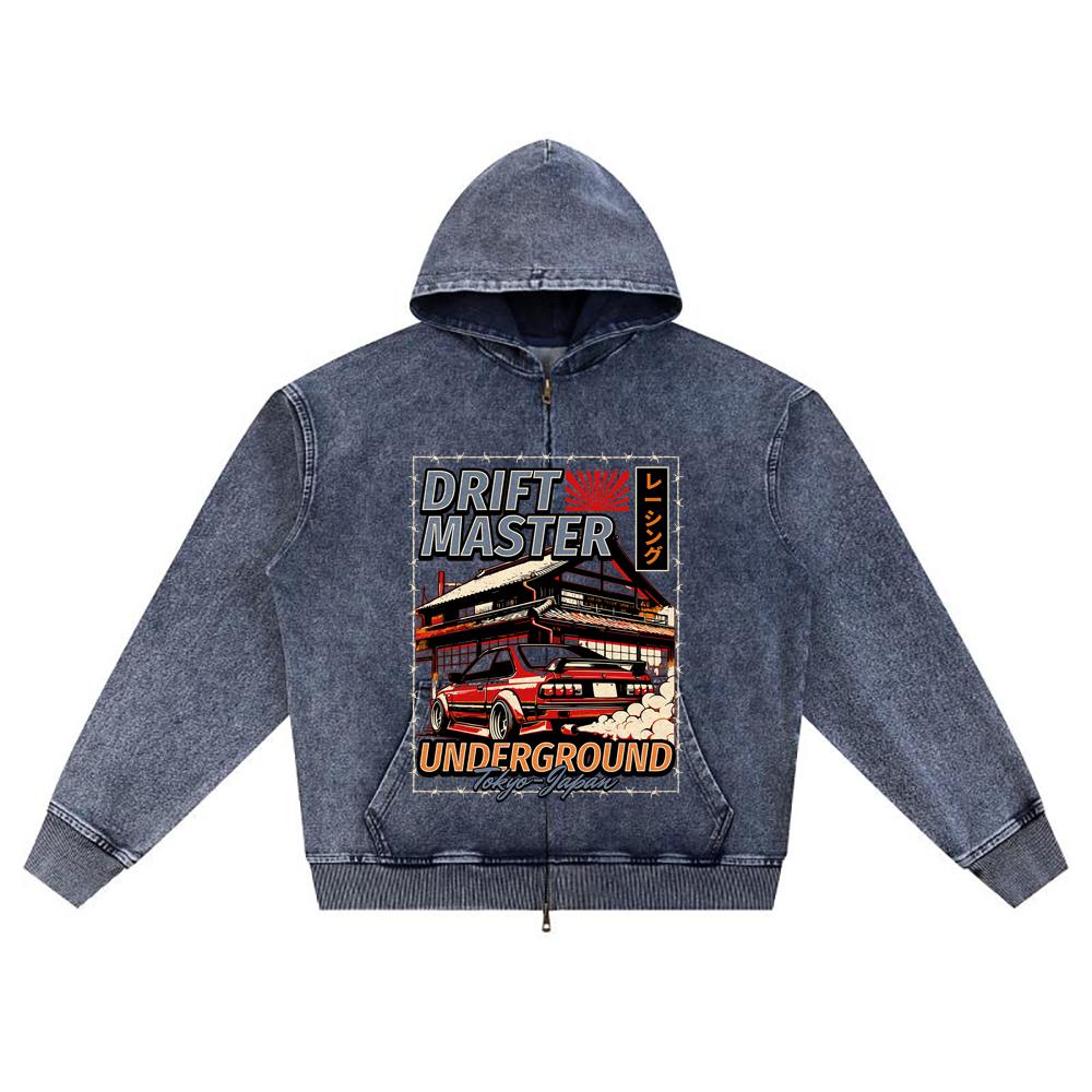 DTG Print Knitted Denim Zip-Up Hoodie Drift Master Brother Print Zipper Hoodies  