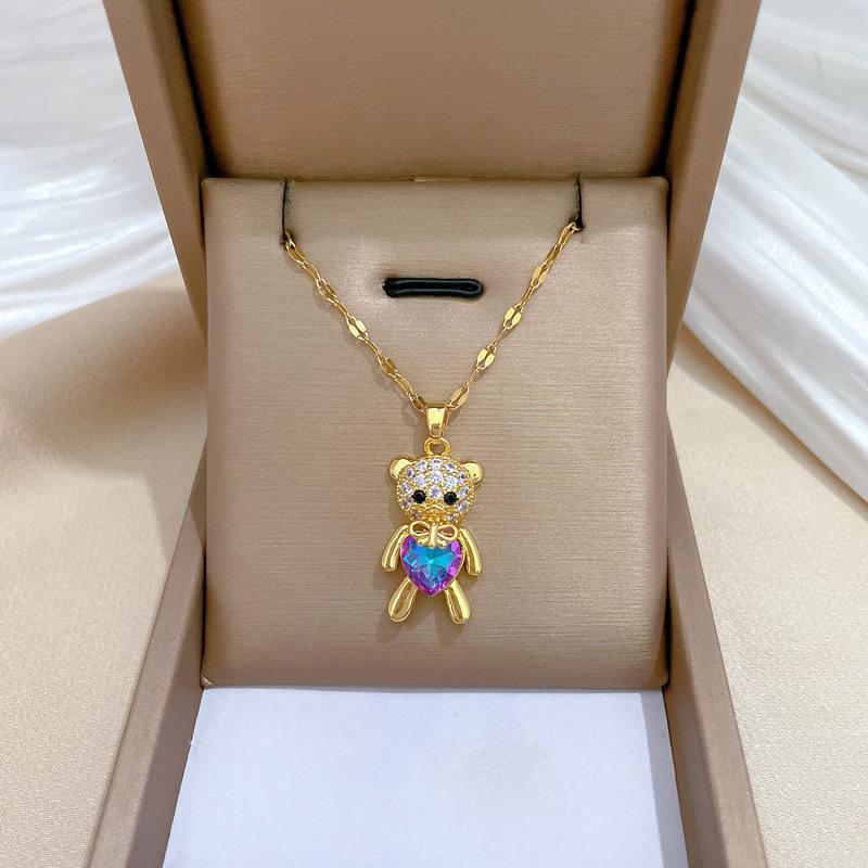 Love Bear Light Luxury Temperament Gorgeous Full Diamond Necklace Female Versatile Collarbone Chain Titanium Steel Chain