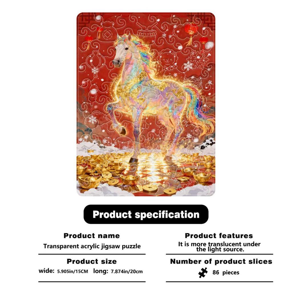 2026 Year of the Horse Irregular Puzzle Painting: Colorful Golden Horse Acrylic Desktop Ornament