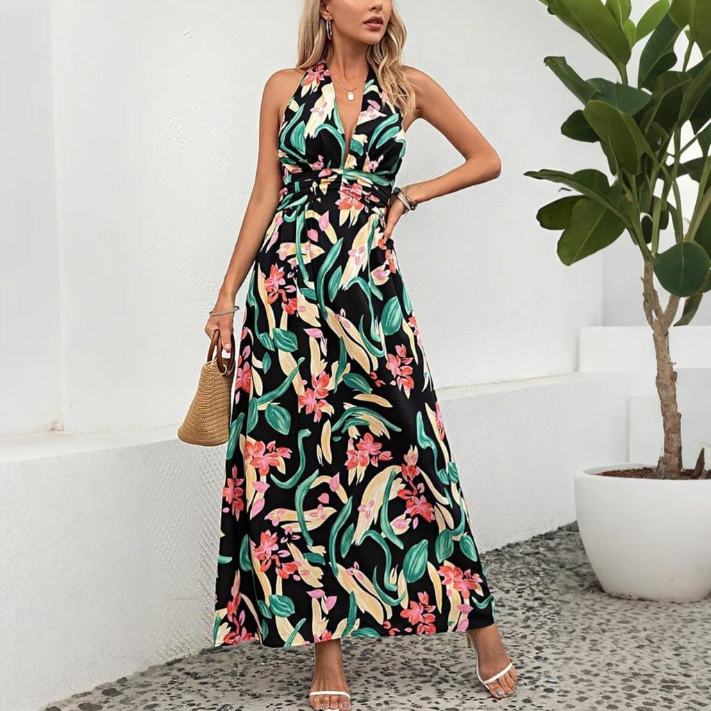 Dame Temperament Neck Print Bohemian Dress Holiday Beach Maxi Dress