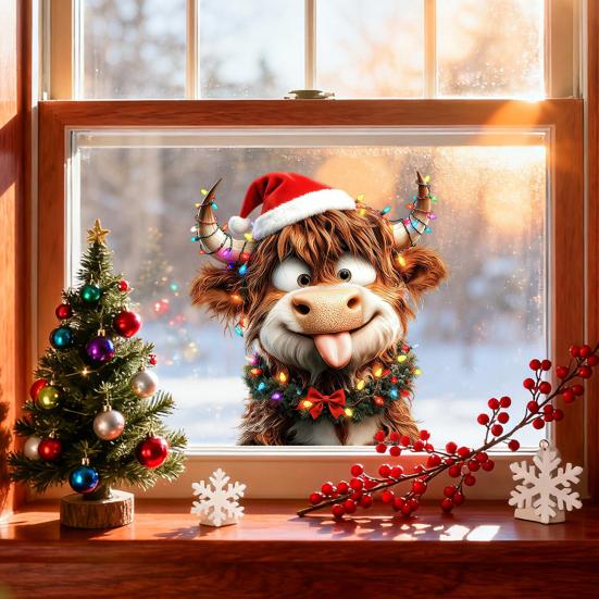 4Pcs/Set Christmas Highland Cow Window Cling Removable Waterproof Santa Hat Highland Cattle Static Glass Sticker Holiday Party Decoration Decal