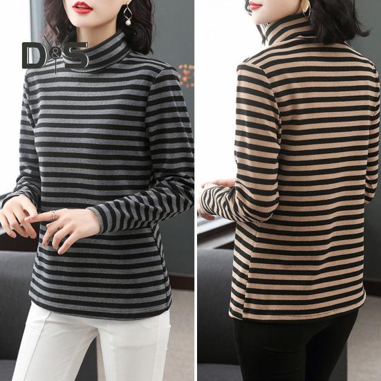 Damen-Oberteile mit hohem Kragen, langen Ärmeln, verdicktem Samtfutter, Pullover-Oberteile, gestreifter Aufdruck