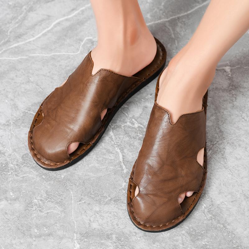 Men Slippers Handmade Simple Flats Brown Leather Sandals Black Summer Roman Sandals Closed Toe Beach Shoes Plus Size