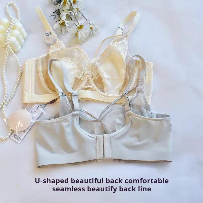 Large Bust-slimming French Bra for Women with Soft Underwire Ultra-thin Lace and Crystal Cups