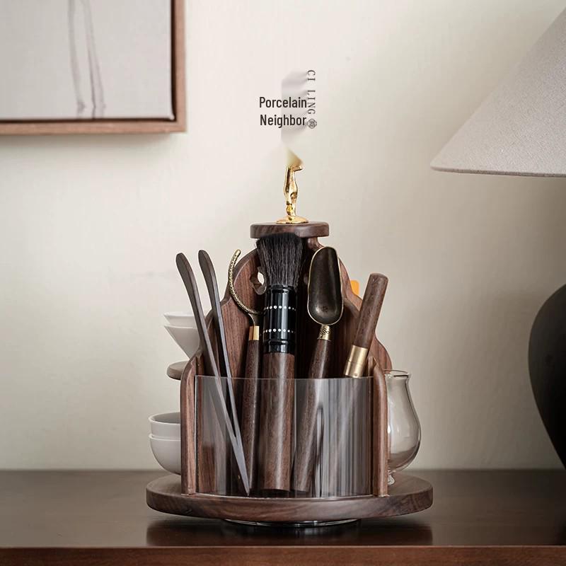 Wooden Rotating Makeup Brush and Lipstick Organizer with Large Capacity