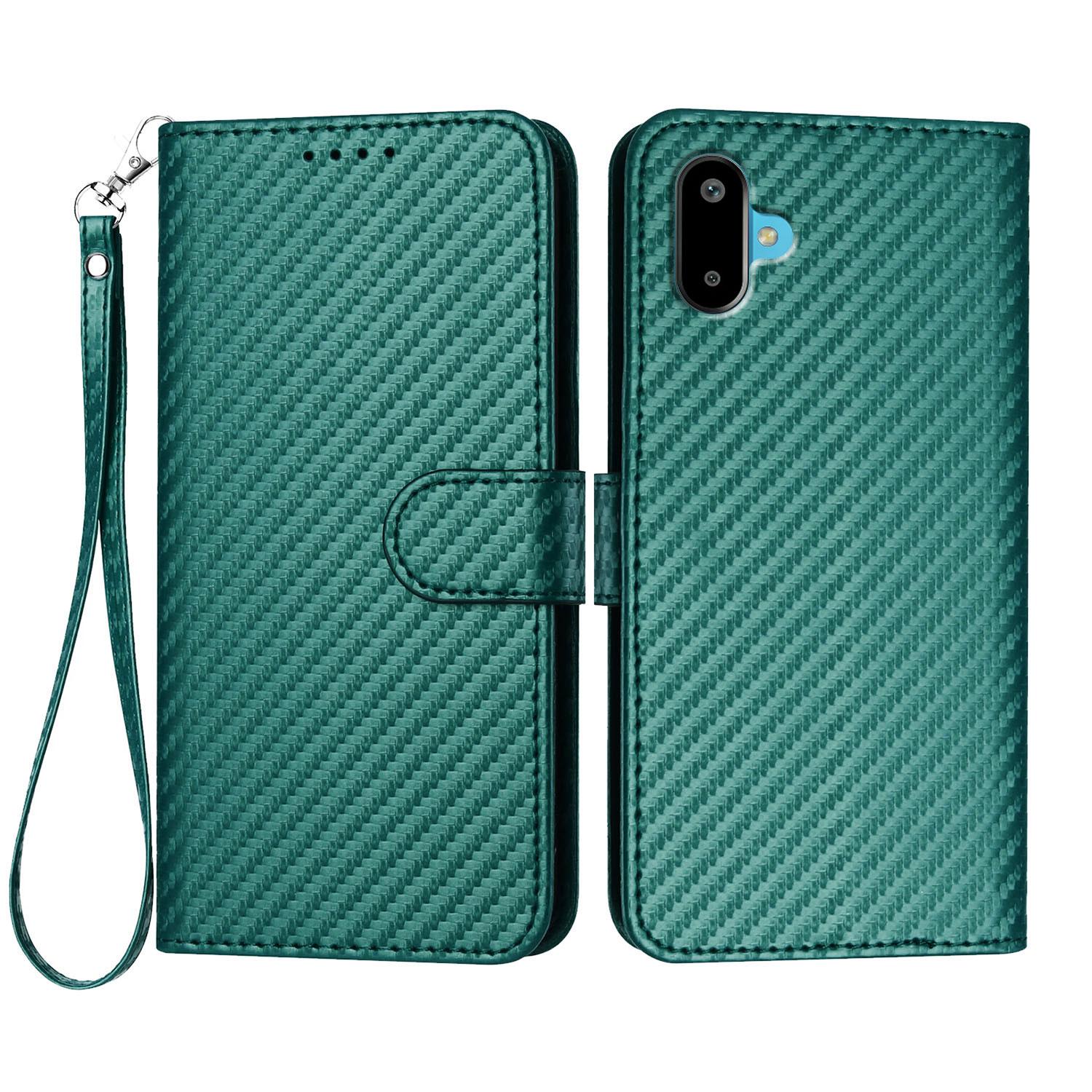 

For Samsung Galaxy M16 5G/Galaxy F16 5G Wallet Case with Strap Carbon Fiber Texture Leather Mobile Cover Blackish Green