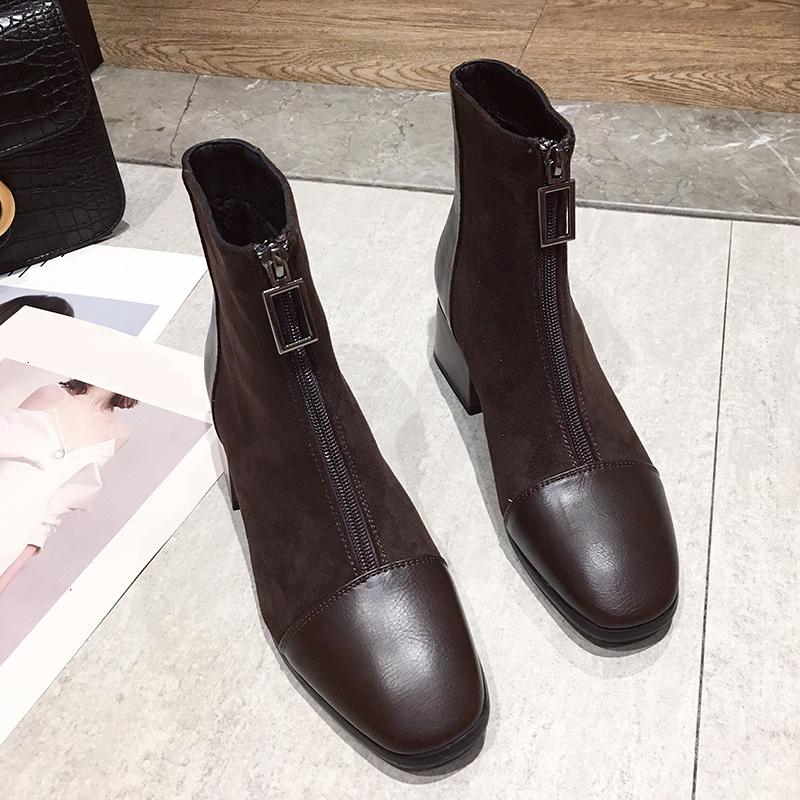 Women's Fashion Mid Boots Fashionable Boots with Front Zipper Thick Heel Suede Midsole Boots Leather Shoes Women's Shoes 35-40