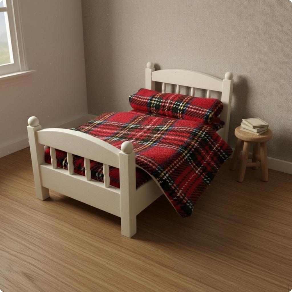 Miniature Infant Crib Burgundy Plaid White Textile Bedding Mini Cot