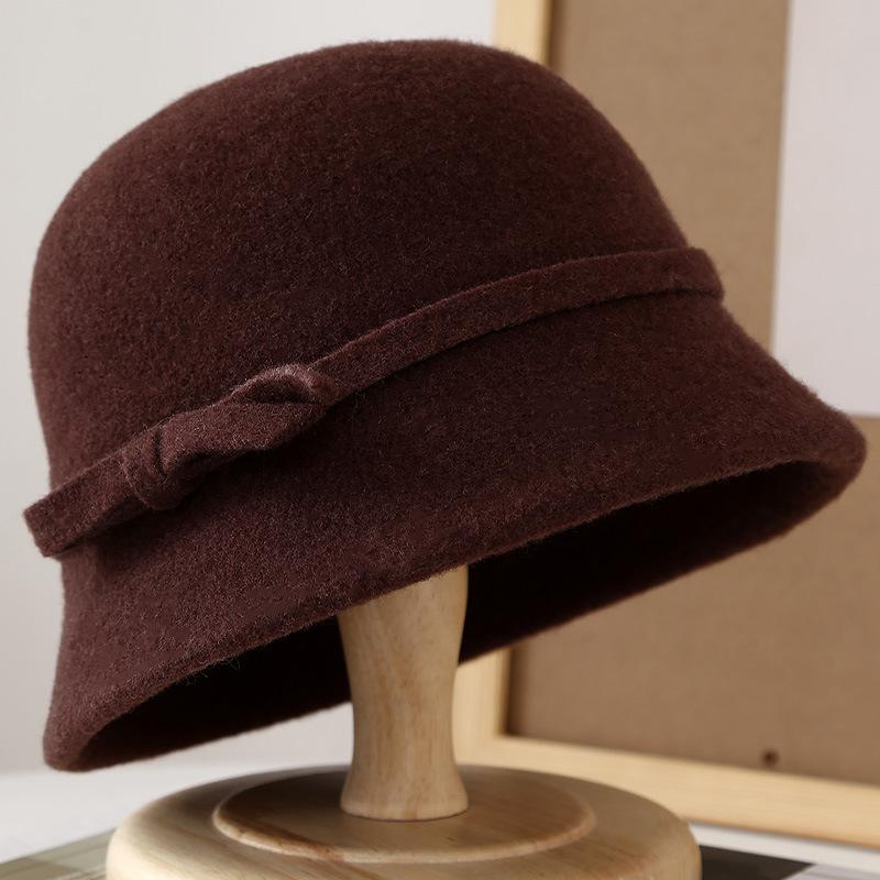 Hepburn style wool bucket hat female French retro autumn and winter temperament elegant daughter celebrity versatile bow basin