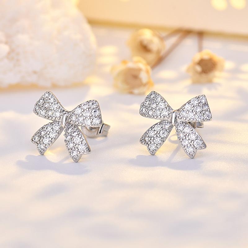 925 Sterling Silver Jewelry Luxury Crystal Bowknot Butterfly Stud Earrings for Women Wedding Party Jewelry for Girls Friend Gift