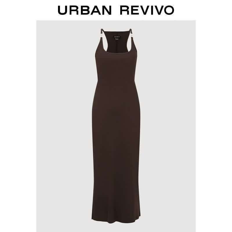 UR2026 Women s Fall Buckle U-Neck Split Slim Dress XS кофейный