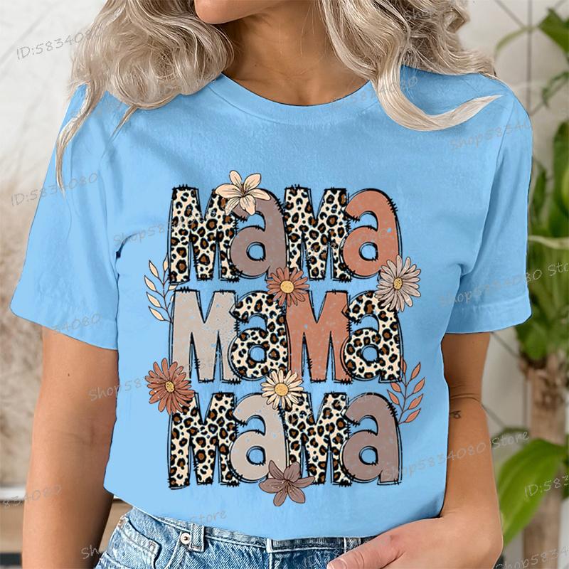 Fashion Funny Leopard Mama Flower Print Kids Short Sleeves T-Shirt Loose Casual Summer Outdoor Street Boy and Girl Tees Tops