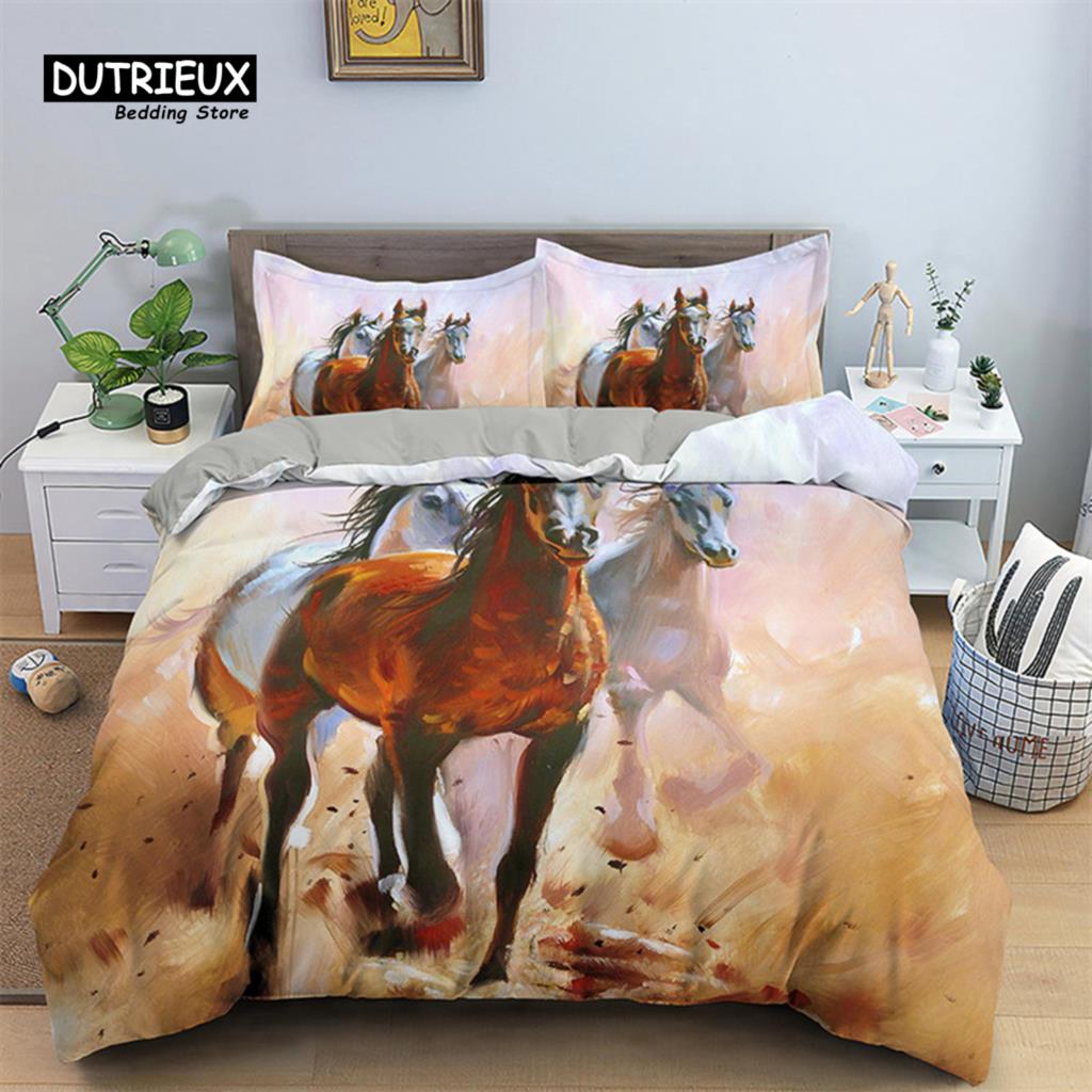 Horse Duvet Cover 3D Steed Farm Animal Comforter Cover Polyester Exotic Style Western Cowboys Bedding Set Twin For Kids Boy Teen