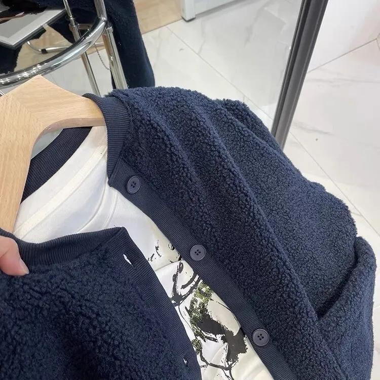 Women's Autumn/Winter Lamb Wool Cardigan Sweatshirt Student Solid Color Thick Fleece-Lined Jacket
