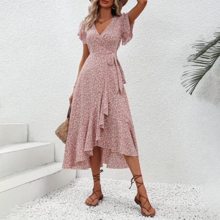 Flowy Boho Summer Maxi Dress for Women V Neck Short Sleeve Wrap Beach Casual Long Dress Floral Print with Ruffle Hem Side Split