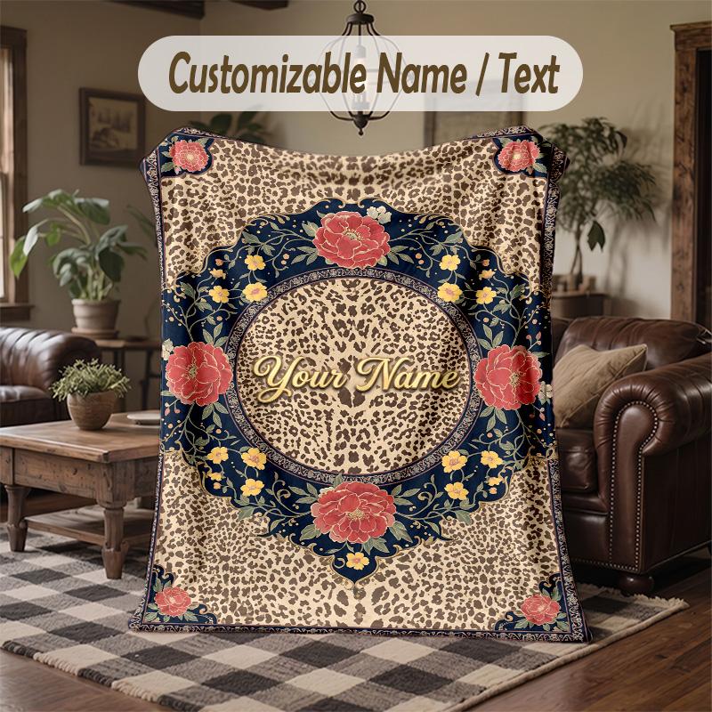 Leopard Floral Frame Theme Throw Blanket Custom Name Text Personalized Blanket Soft Cozy Blanket for Home Sofa Bed