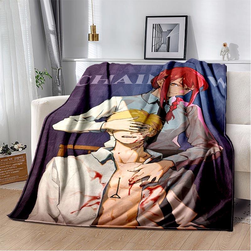 Anime Chainsaw Man Blanket Makima Pochita Power Character Flannel Blanket Comfortable Warm Blanket Gift for Family Friend