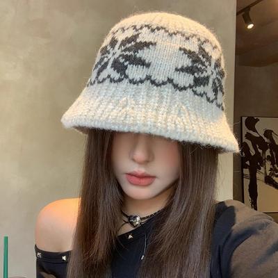 Fair Island Jacquard Knitted Bucket Hat Women's Winter Retro Ethnic Style Versatile Basin Hat Coffee Color Warm Wool Hat