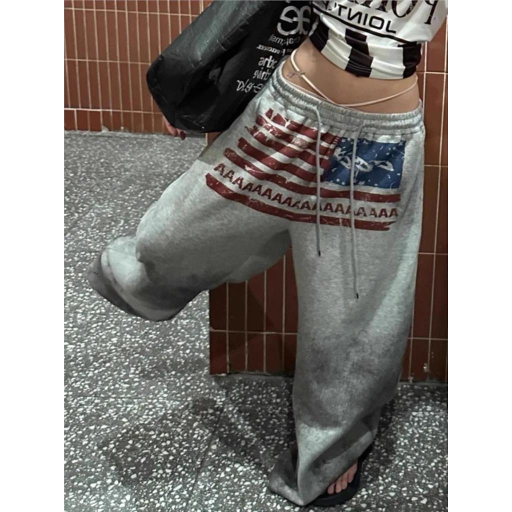VIONA Y2K College American Hip-hop Goth Print Drawstring Wide Leg Sweatpants Loose 90s High Street Sports Trousers Floor Length Pants