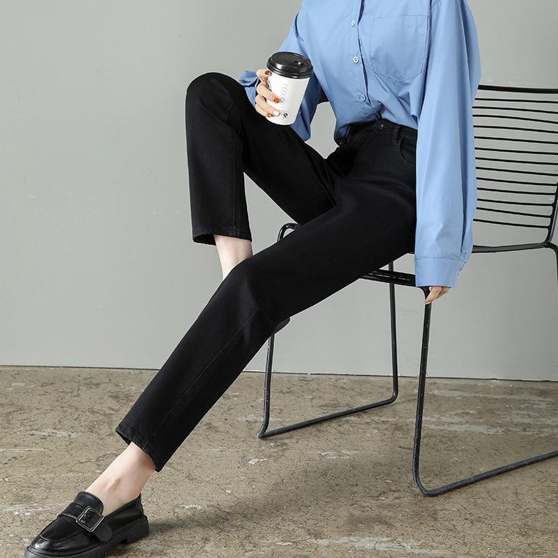 Elastické zeštíhlující džíny s vysokým pasem pro ženy - Retro Slim Fit Rovné nohavice Zkrácené kalhoty