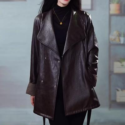 Autumn and Winter High-Quality Women's Leather Jacket Mid-Length Turn-Down Collar Soft PU Leather Coat Loose Fit Plus-Size Leather Jacket