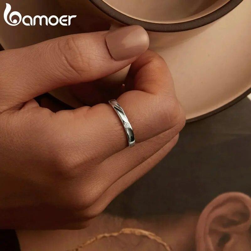 BAMOER 925 Sterling Silver Simple Sparkling Band Ring Minimalist Stackable Ring for Women with Clear Cubic Zirconia