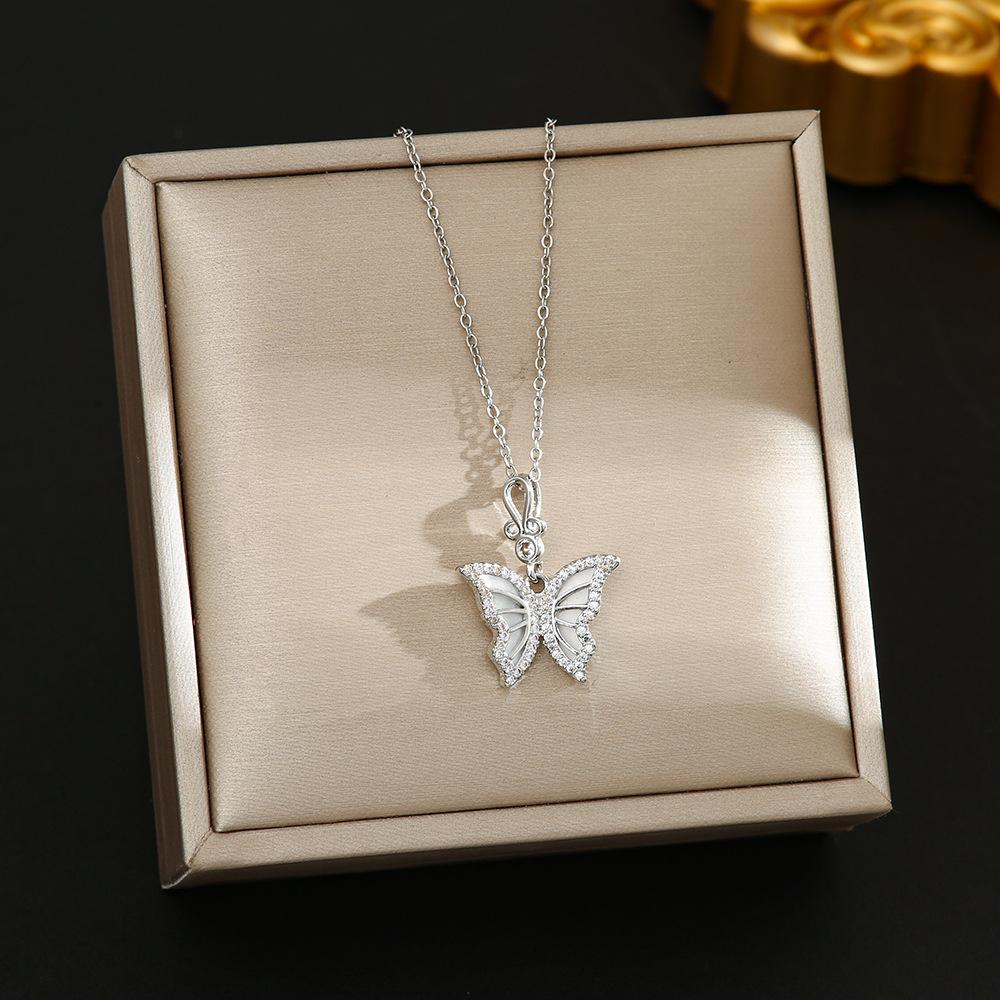 Korean Butterfly Tassel Luxury Diamond Titanium Steel Necklace - Women's Versatile Clavicle Jewelry