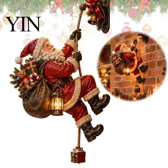 Creative Christmas Gift for Friends Climbing Santa Statue with LED Lantern, Wall Mounted Ornament, Outdoor Holiday Door Decorations Lighted