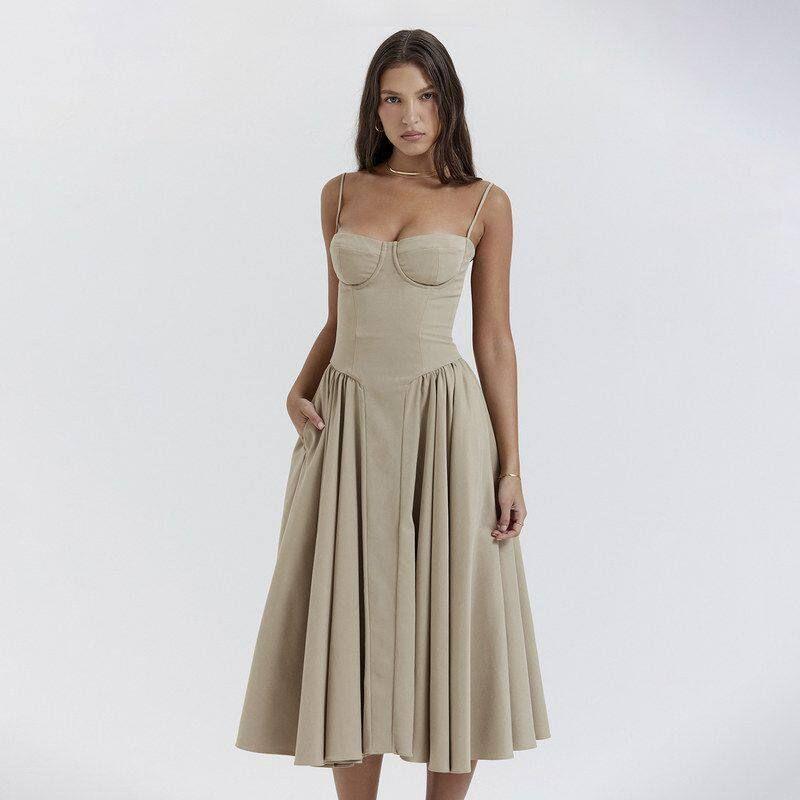 European and American Retro Dress, Slim-Fitting, Sexy Backless Mid-Length Dress, Off-The-Shoulder Neckline, Thin Straps, Mid-Waist Slip Dress
