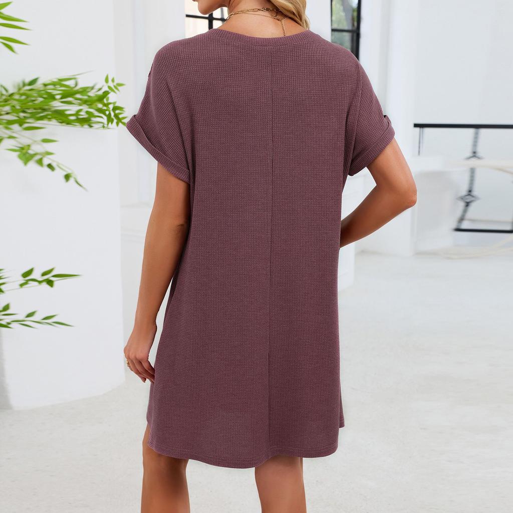 Damen Modisches Farbblock Rundhals Spitzen-Patchwork Locker Kurzärmeliges Kleid