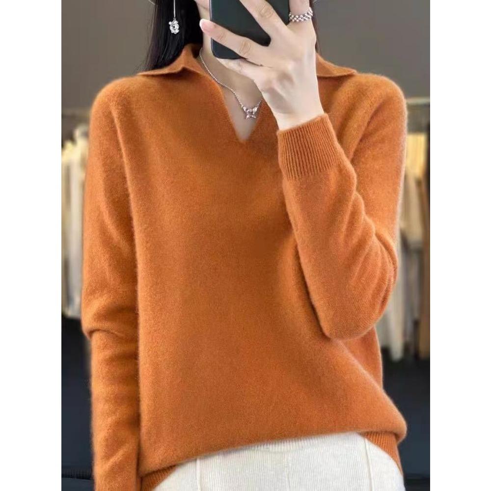 Autumn and Winter POLO Small V-neck Long-sleeved Loose Knitted Base Layer Sweater for Women