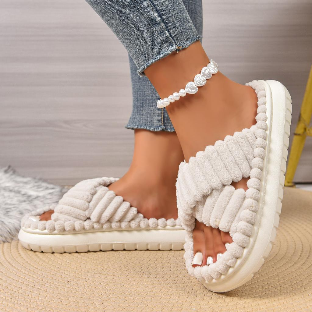 Fashion Women Corduroy Cross Strap Home Slippers Men Soft Warm Flat Slides Family Indoor Fashion Concise Plush Sandals for Four Seasons