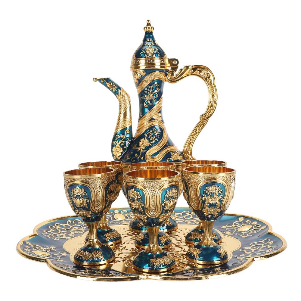 8pcs Gold Blue Vintage Tea Set Zinc Alloy Coffee Pot Cup Set Tea Pot Cup Set  For Home Decor