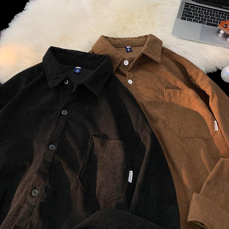 Men's Loose-Fit Long Sleeve Button-Down Shirt Corduroy Fabric Casual Pocket Top