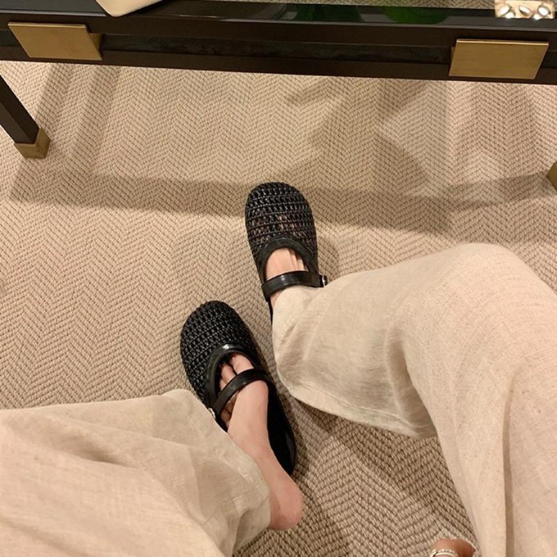 Sheepskin Hollow Woven Mesh Bag Head Half Drag Lazy Slippers Women's Summer Wear Mary Jane Cool Slippers