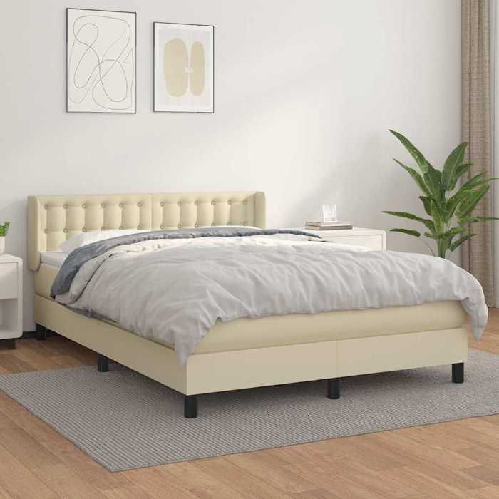 Exclusive House - Slatted Bed Base with Cream Mattress 140x190cm Faux Leather