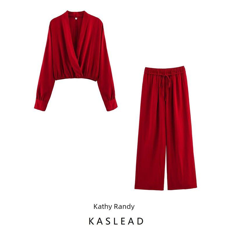 Kaslead New Women clothes Western Style Fashion Simple Girdle Linen Shirts Wide Leg Pants Casual Set