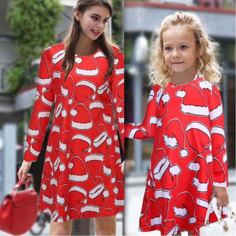 Elegant Girls Children Xmas Mother And Daughter Santa Bow Print Dress For Festive Celebrations
