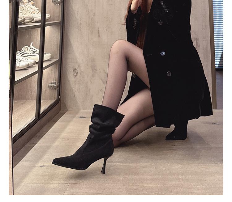 Herbst und Winter 2025 neue spitze kurze Stiefel Damen dünner Absatz Wildleder mittlerer Schaft Stiefel mit Stulpen hoher Absatz elastische dünne Stiefel Martin Stiefel