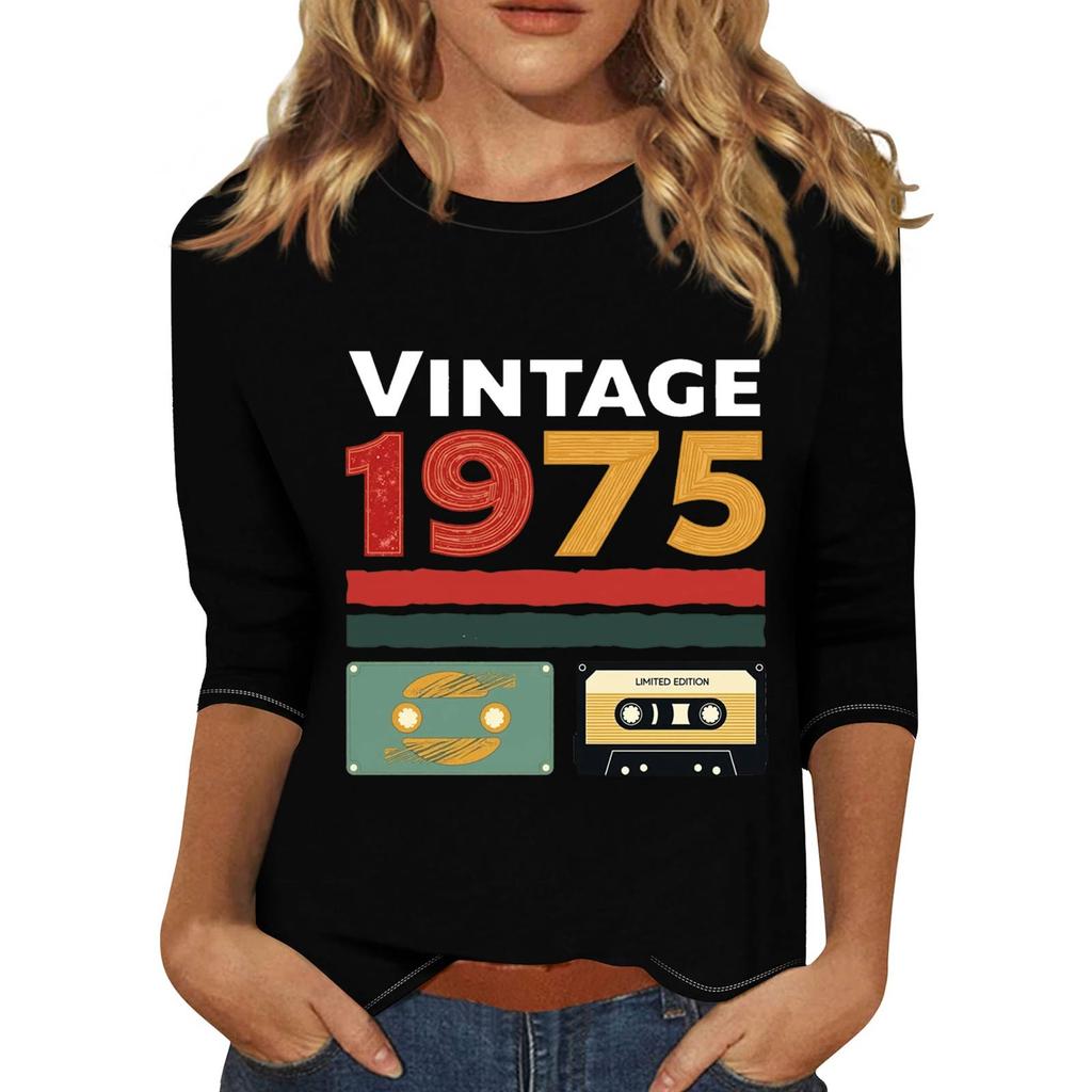 Women's Fashionable Casual Three Quarter Sleeve Printed Collar Pullover Top