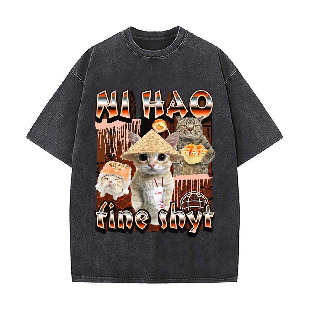 Mihao Fine Shyt Cats Sushi Meme Graphic Washed Distressed Loose Streetwear Tops for City Walks