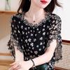 Women Spring Summer Elegant Loose  O-neck Temperament Printing Hollow Out Short Sleeve Chiffon Shirt Casual Trend Tops