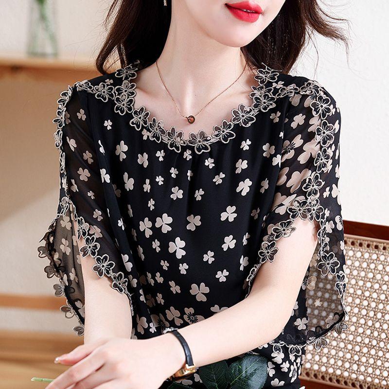 Women Spring Summer Elegant Loose O-neck Temperament Printing Hollow Out Short Sleeve Chiffon Shirt Casual Trend Tops