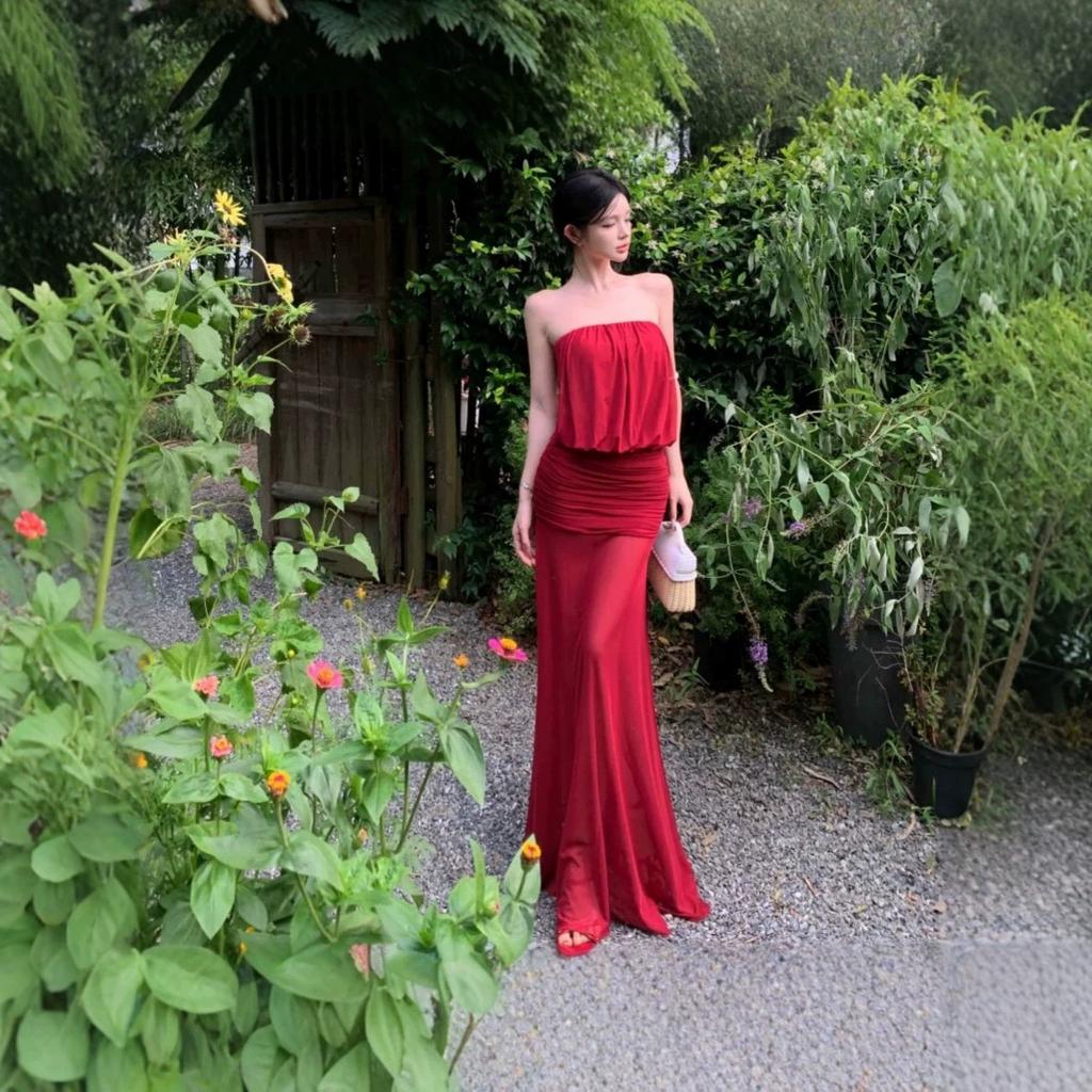 Red One-word Shoulder Sleeveless Dress Royal Sister Style Temperament Vacation Dress Birthday Party Dress Sexy Hip Dress