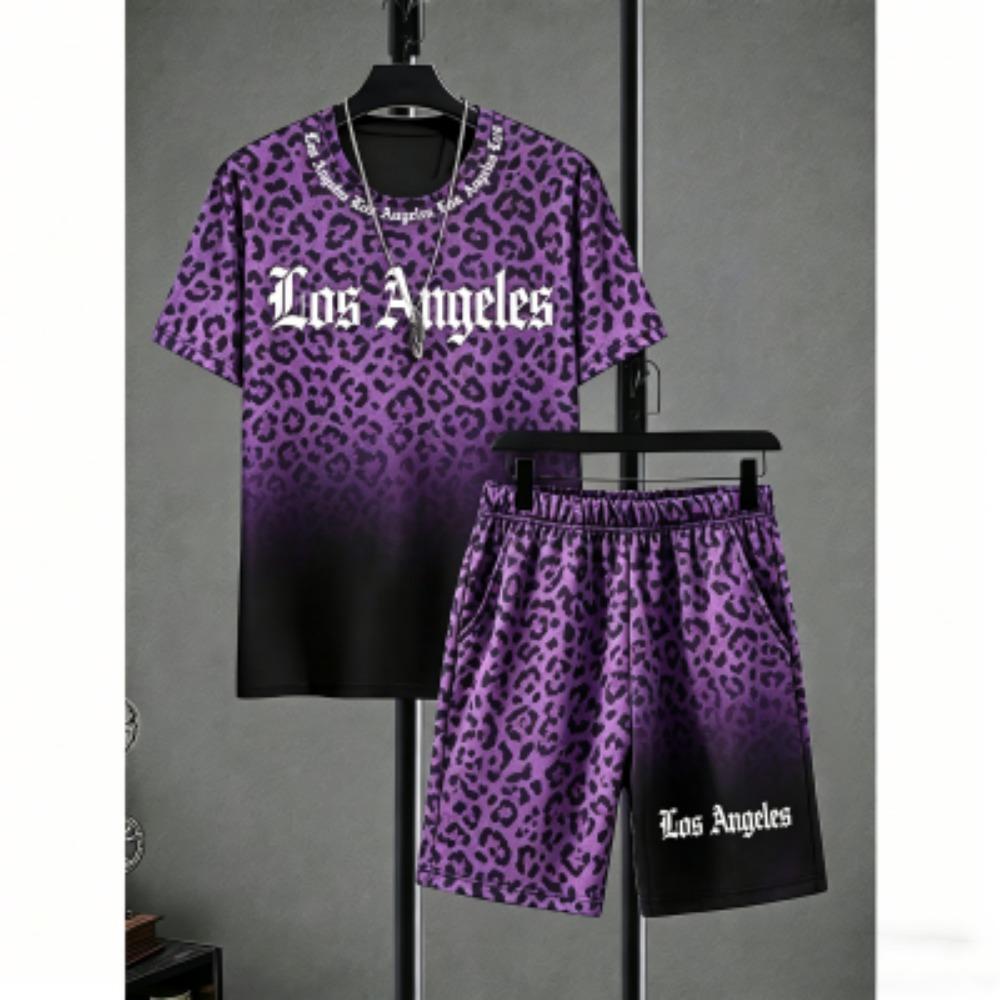 

Fun Men s Set Leopard Colorful Printed Men s T-shirt and Shorts 2 Piece Set Summer Casual Outdoor Men s and Women s T-shirt Sets XXS