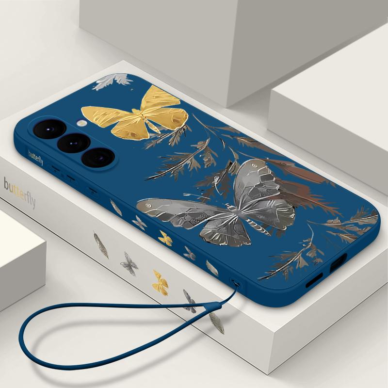 Plating Lens Golden Butterfly Pattern Case For Samsung Galaxy A56 A17 A26 A16 A36 A55 A54 A53 A15 S24 S25 FE S25 S22 S23 Ultra Plus Lanyard Soft Cover