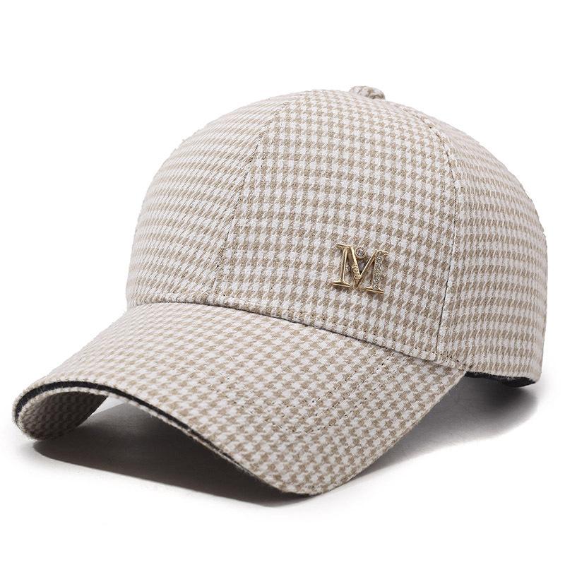 Women's Autumn Winter Houndstooth Rhinestone M Letter Baseball Cap Wool Warm Peaks Cap