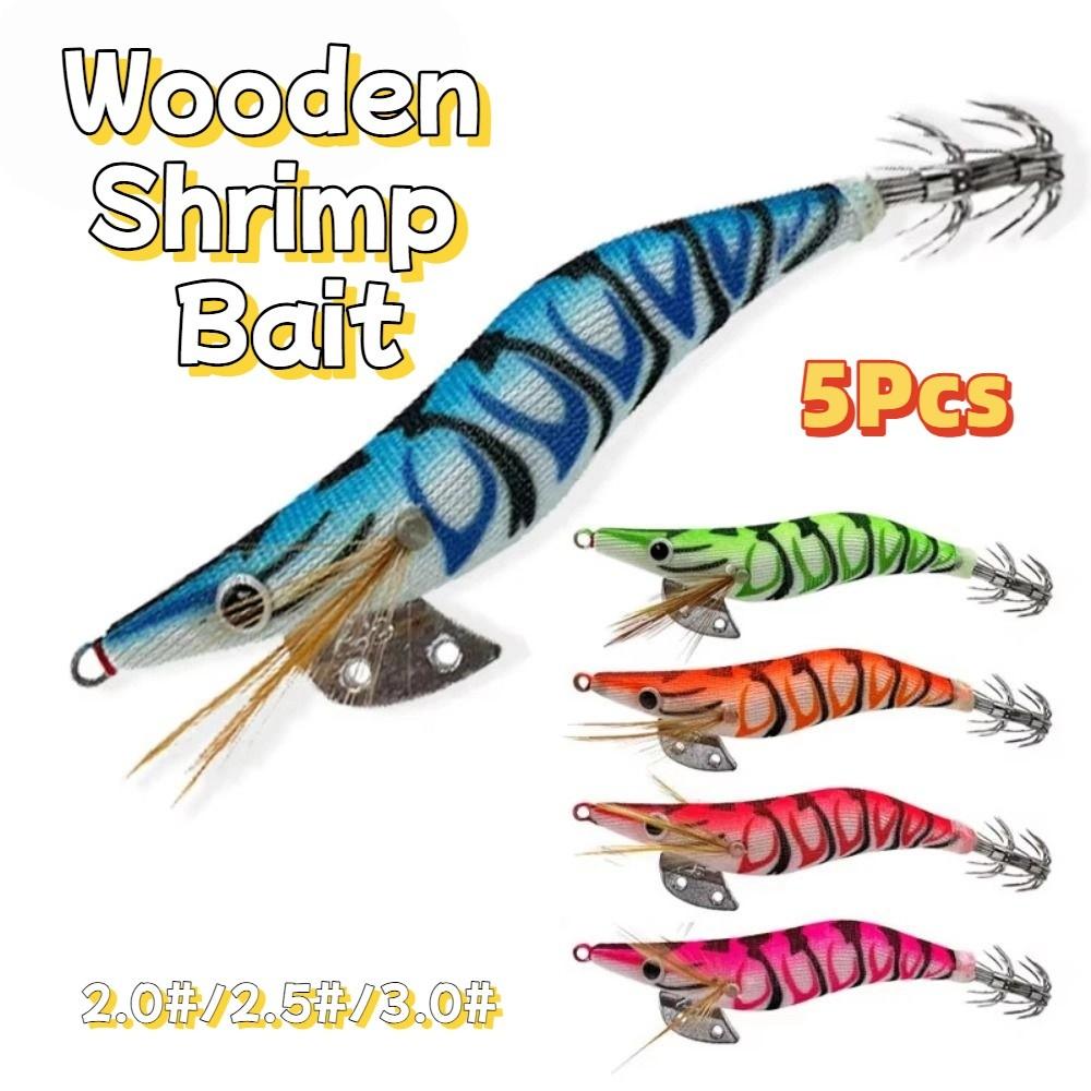 5Pcs 3D Eyes Luminous Squid Fishing Lure Wooden Shrimp Bait  All Kinds of Fishing Places